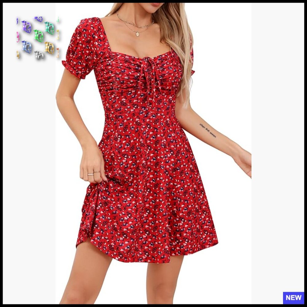 Puff Sleeve Fit and Flare Mini Dress Drawstring Ruched Front Summer Chic
